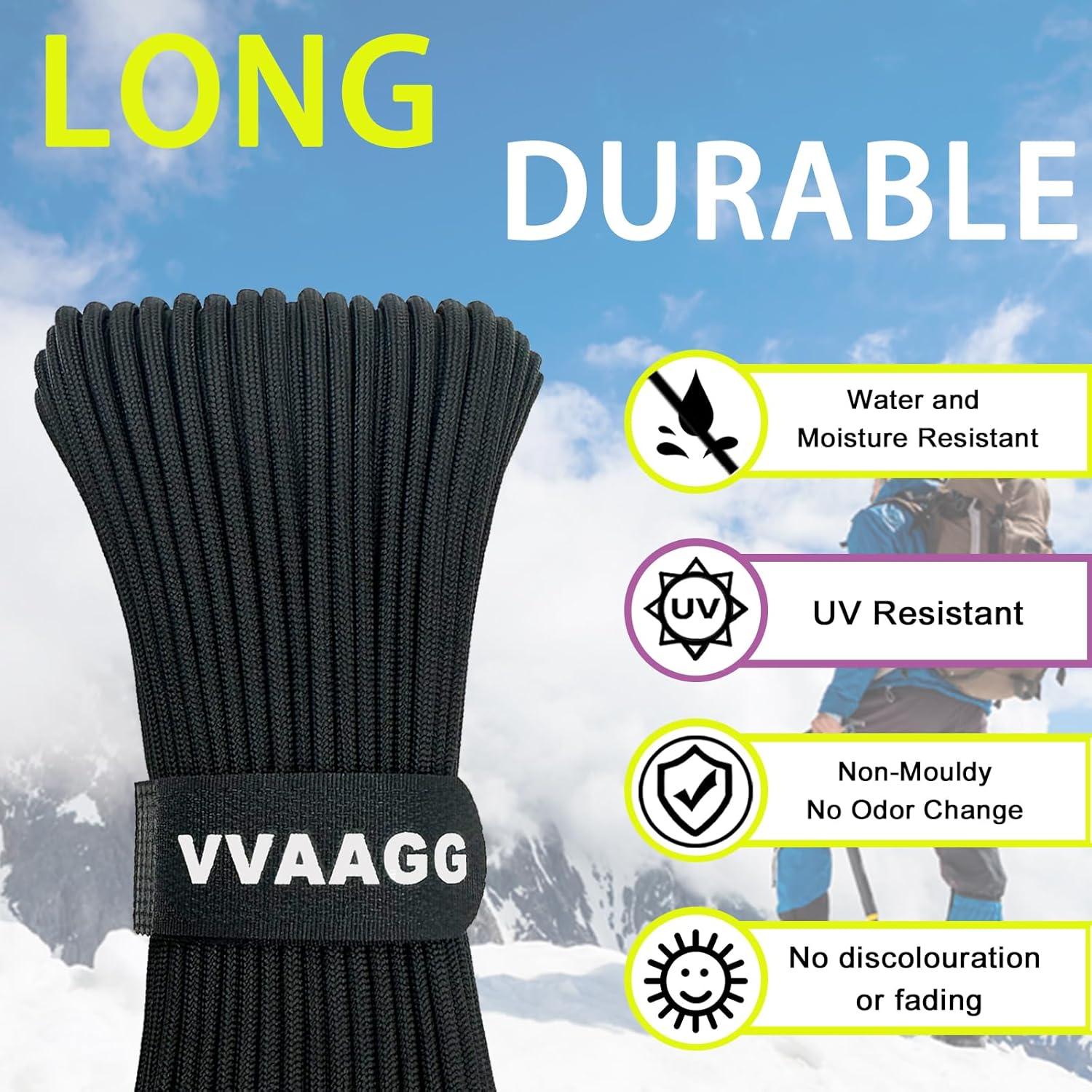 imageVVAAGG 1000 White Paracord Rope 100FT 4mm Utility Parachute Cord 12 Strand Nylon Camping Rope Tent Rope Clothsline RopeBlack