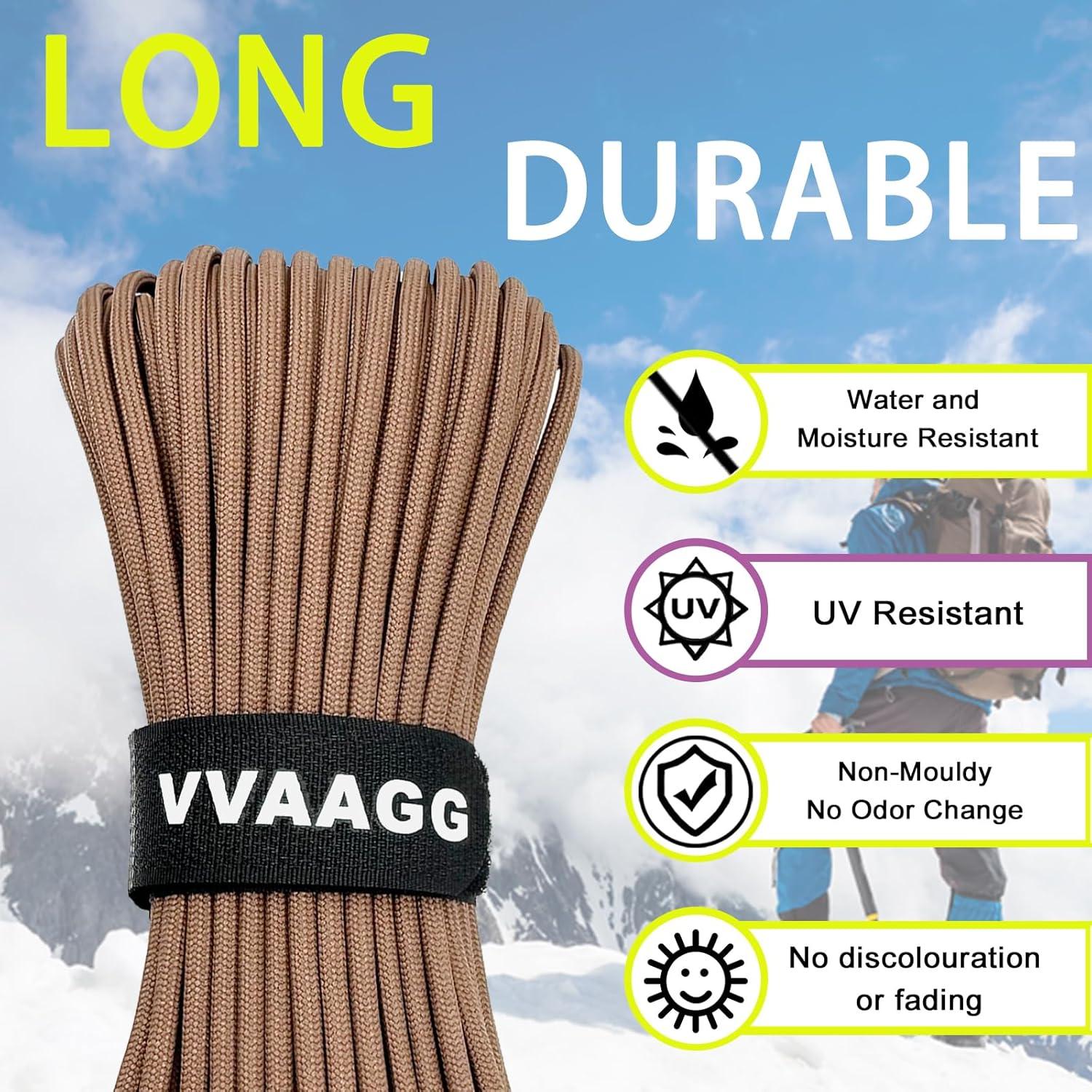 imageVVAAGG 1000 White Paracord Rope 100FT 4mm Utility Parachute Cord 12 Strand Nylon Camping Rope Tent Rope Clothsline RopeBrown