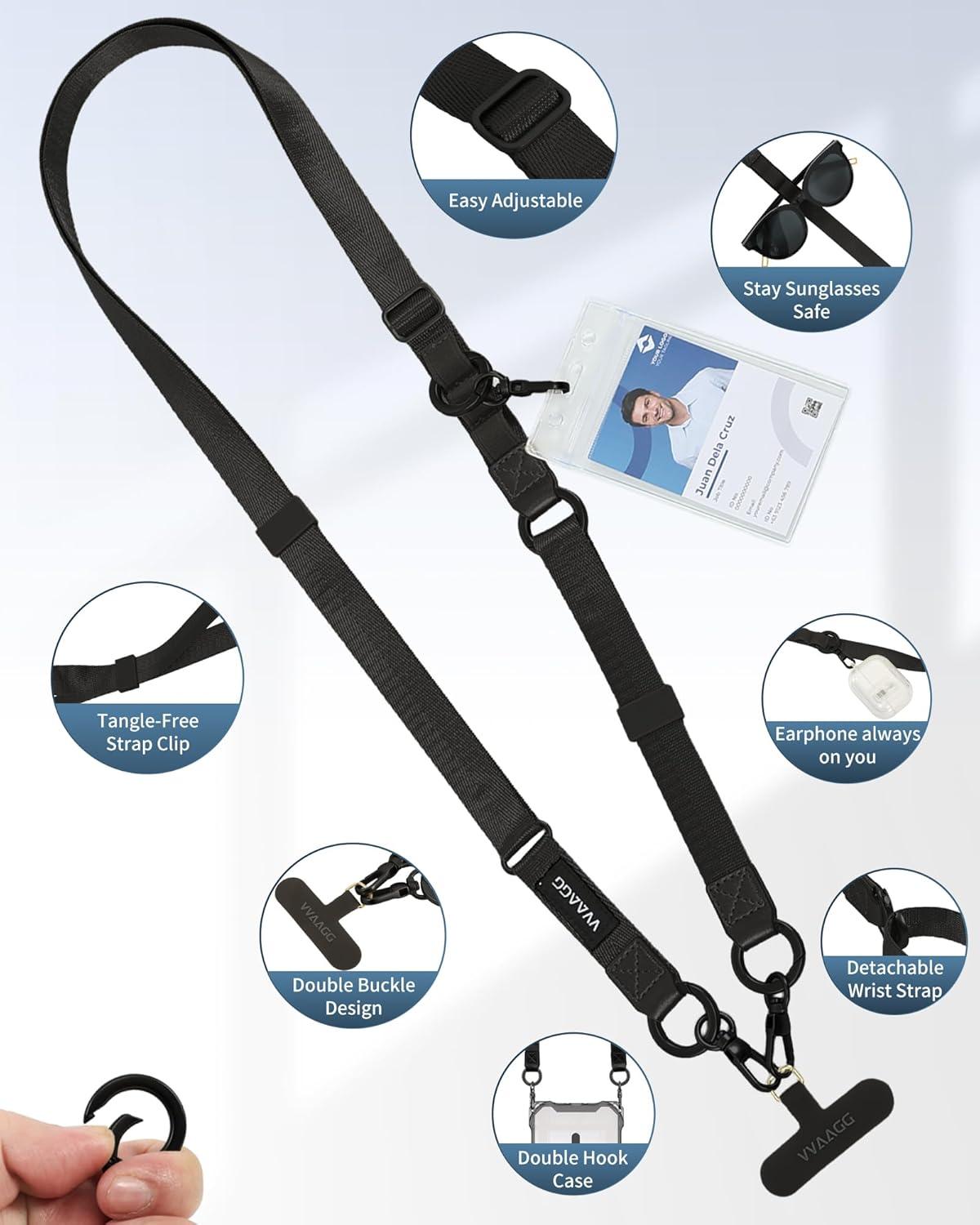 imageVVAAGG Cell Phone Lanyard for iPhone Adjustable Phone Strap Crossbody Neck and Wrist Strap AntiTheft Lanyard Travel Essential Compatible for iPhone Android SmartphonesBlack