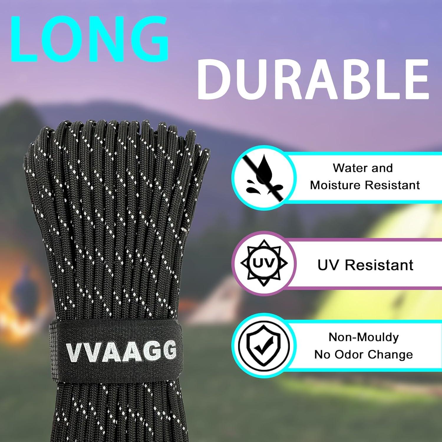 imageVVAAGG Reflective Paracord Rope 100FT 7 Strand Nylon para Cord Lanyard Utility 550 Parachute Cord 4mm Thin Tent Rope for Outdoor Camping HikingBlack