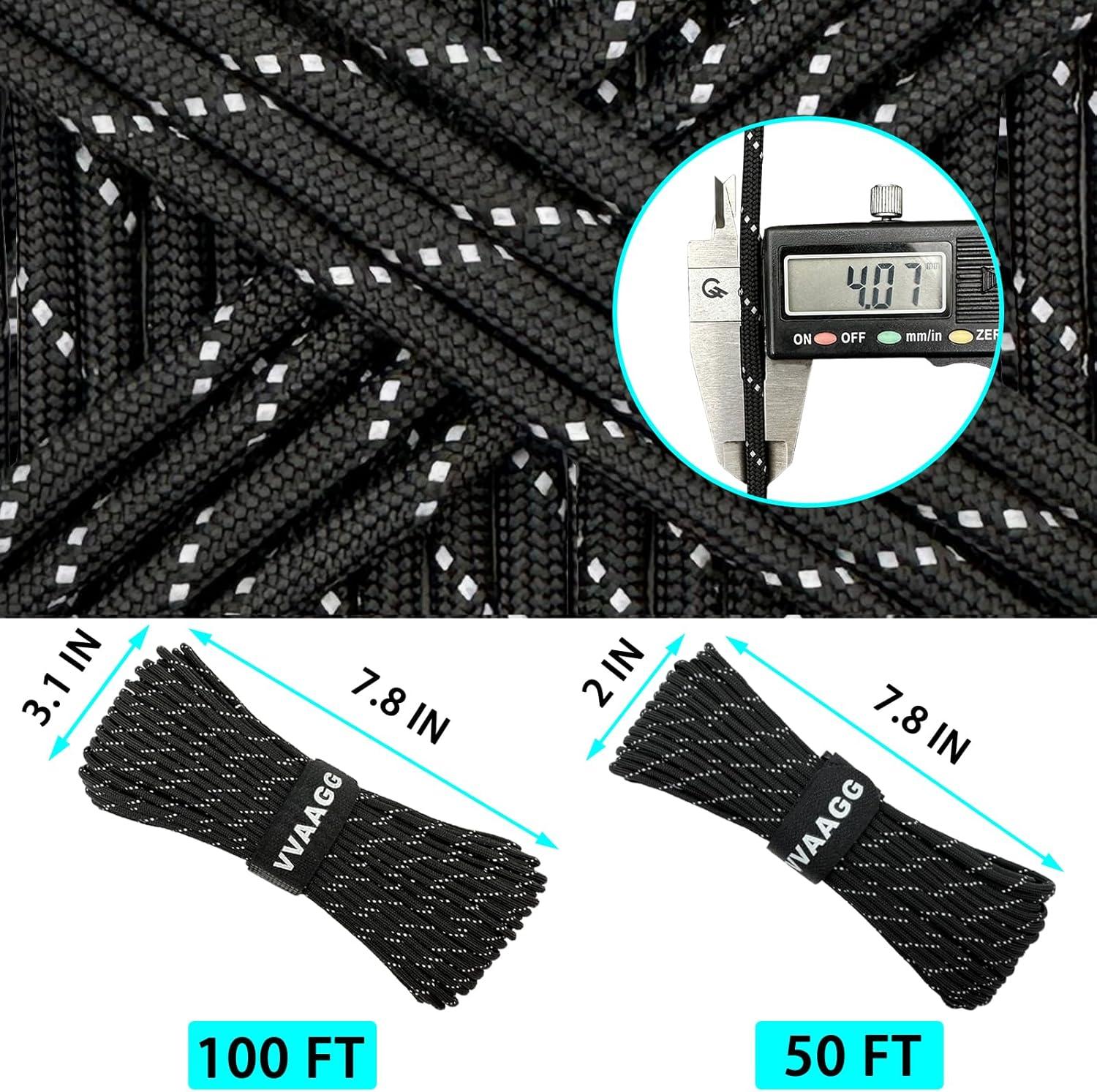 imageVVAAGG Reflective Paracord Rope 100FT 7 Strand Nylon para Cord Lanyard Utility 550 Parachute Cord 4mm Thin Tent Rope for Outdoor Camping HikingBlack