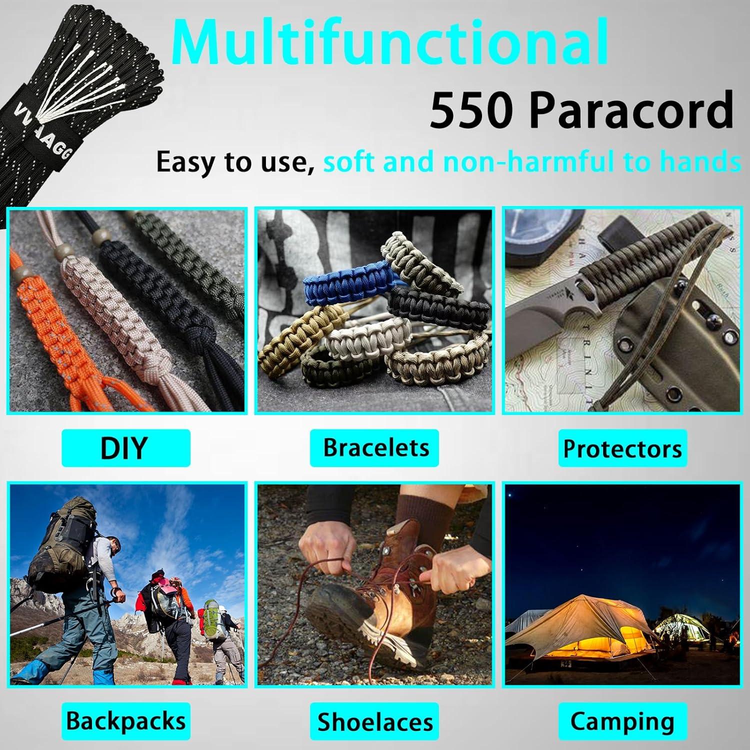 imageVVAAGG Reflective Paracord Rope 100FT 7 Strand Nylon para Cord Lanyard Utility 550 Parachute Cord 4mm Thin Tent Rope for Outdoor Camping HikingBlack