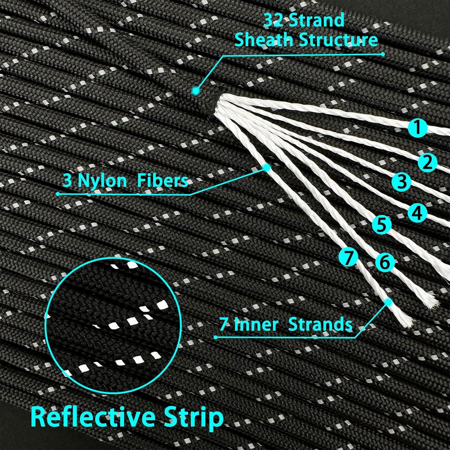 imageVVAAGG Reflective Paracord Rope 100FT 7 Strand Nylon para Cord Lanyard Utility 550 Parachute Cord 4mm Thin Tent Rope for Outdoor Camping HikingBlack