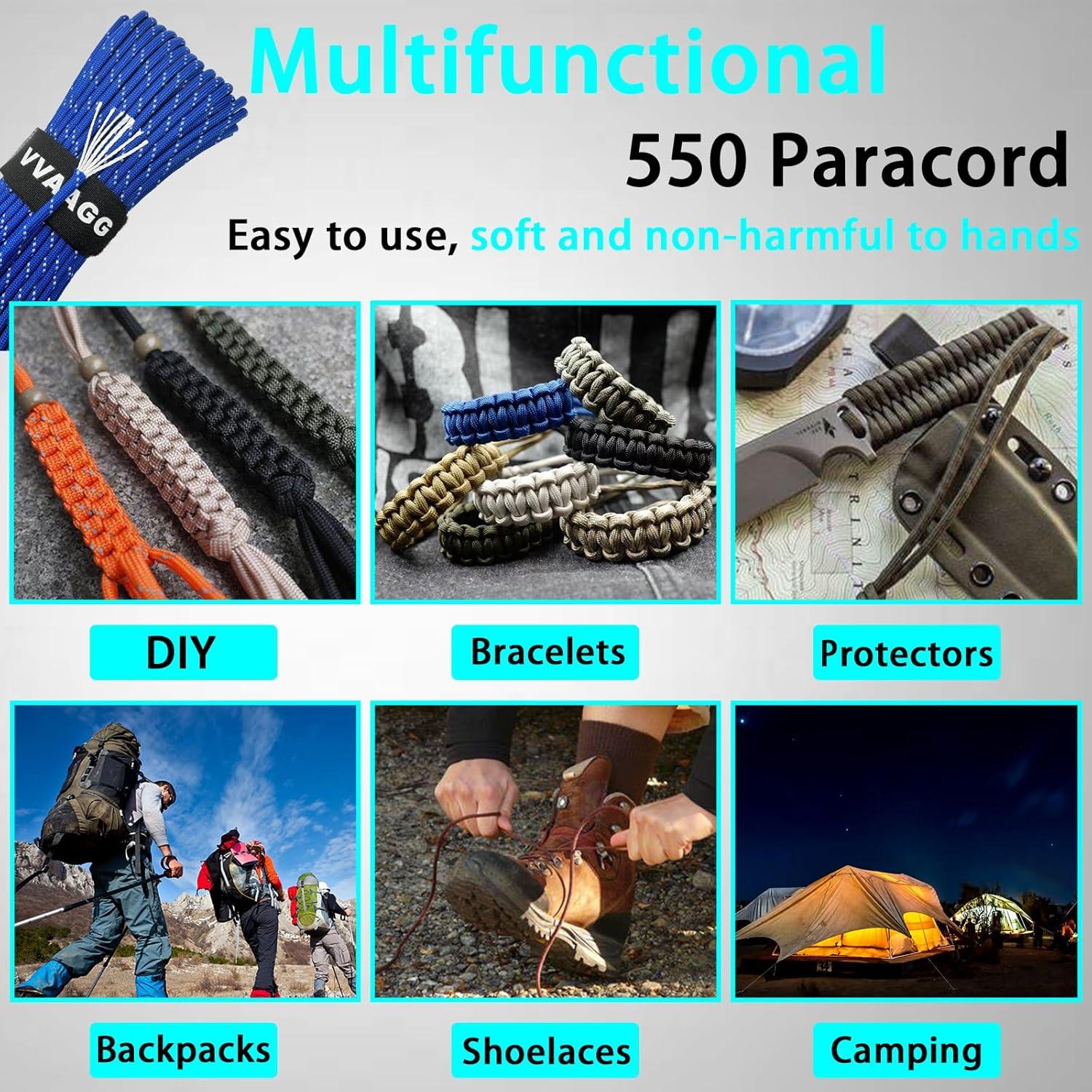 imageVVAAGG Reflective Paracord Rope 100FT 7 Strand Nylon para Cord Lanyard Utility 550 Parachute Cord 4mm Thin Tent Rope for Outdoor Camping HikingBlue