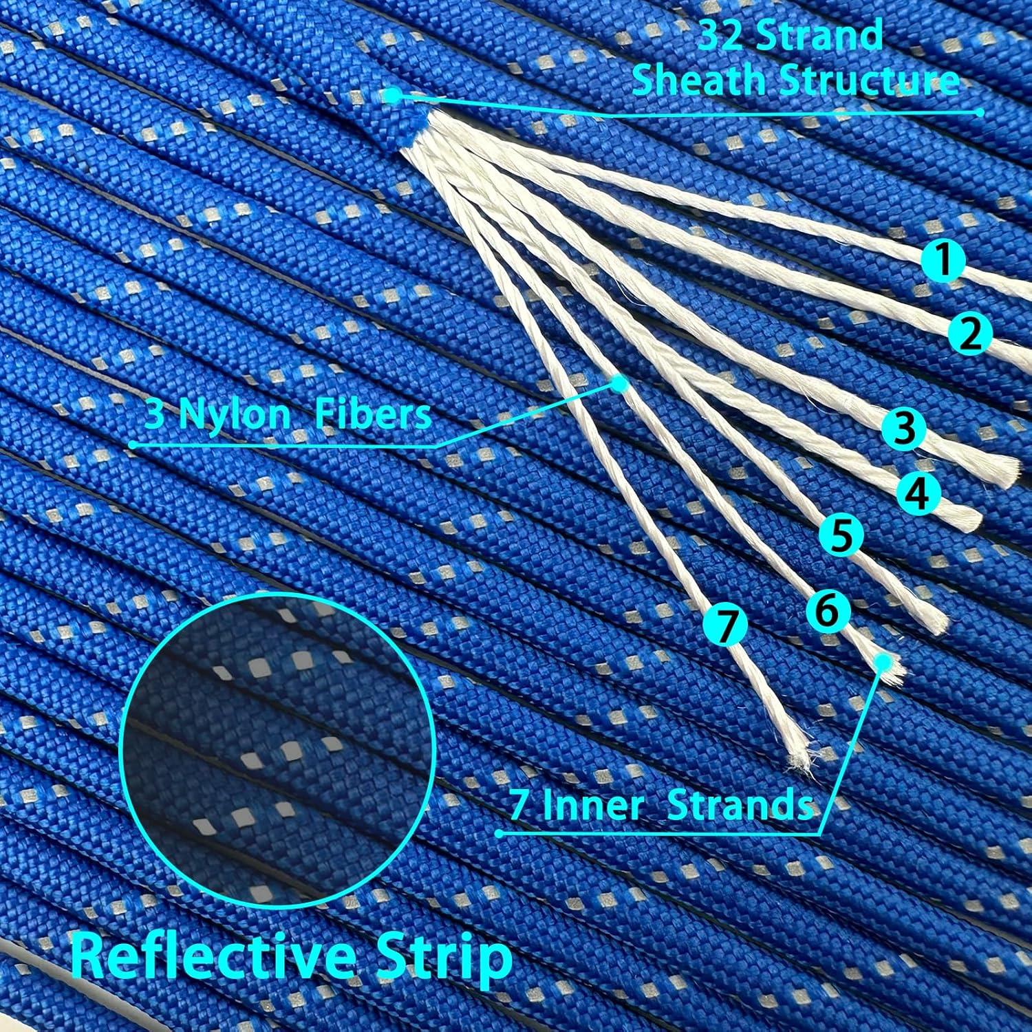 imageVVAAGG Reflective Paracord Rope 100FT 7 Strand Nylon para Cord Lanyard Utility 550 Parachute Cord 4mm Thin Tent Rope for Outdoor Camping HikingBlue
