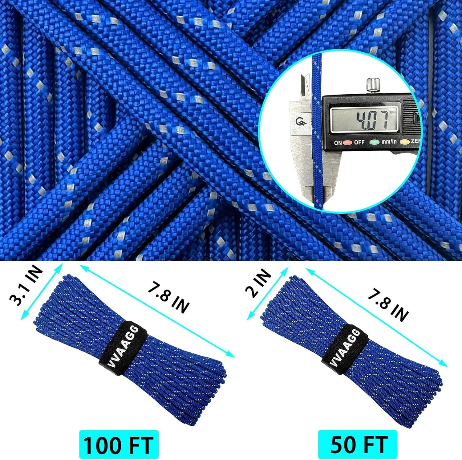 imageVVAAGG Reflective Paracord Rope 100FT 7 Strand Nylon para Cord Lanyard Utility 550 Parachute Cord 4mm Thin Tent Rope for Outdoor Camping HikingBlue