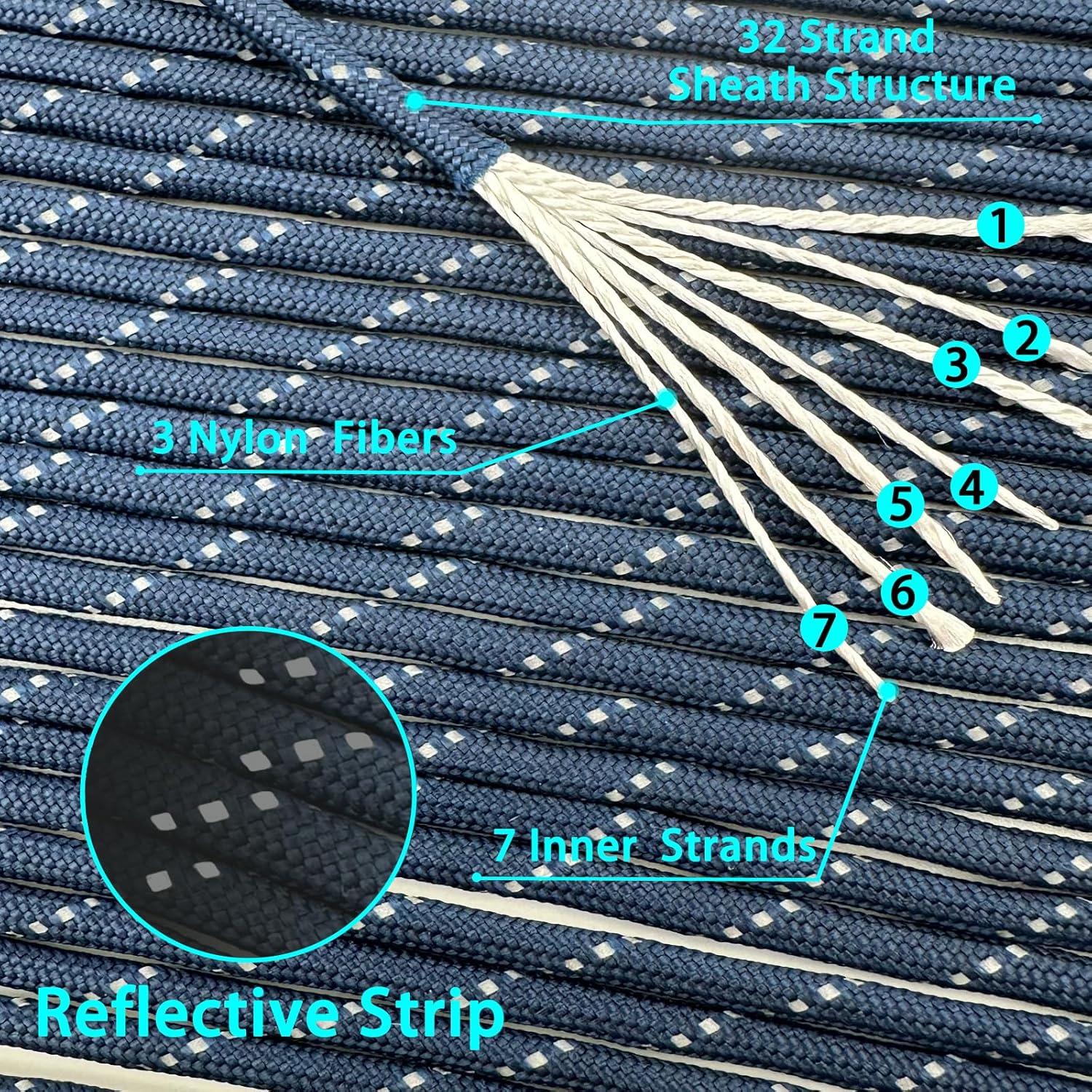 imageVVAAGG Reflective Paracord Rope 100FT 7 Strand Nylon para Cord Lanyard Utility 550 Parachute Cord 4mm Thin Tent Rope for Outdoor Camping HikingDkblue