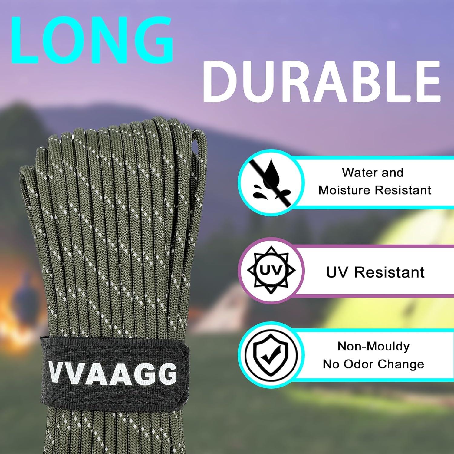 imageVVAAGG Reflective Paracord Rope 100FT 7 Strand Nylon para Cord Lanyard Utility 550 Parachute Cord 4mm Thin Tent Rope for Outdoor Camping HikingGreen