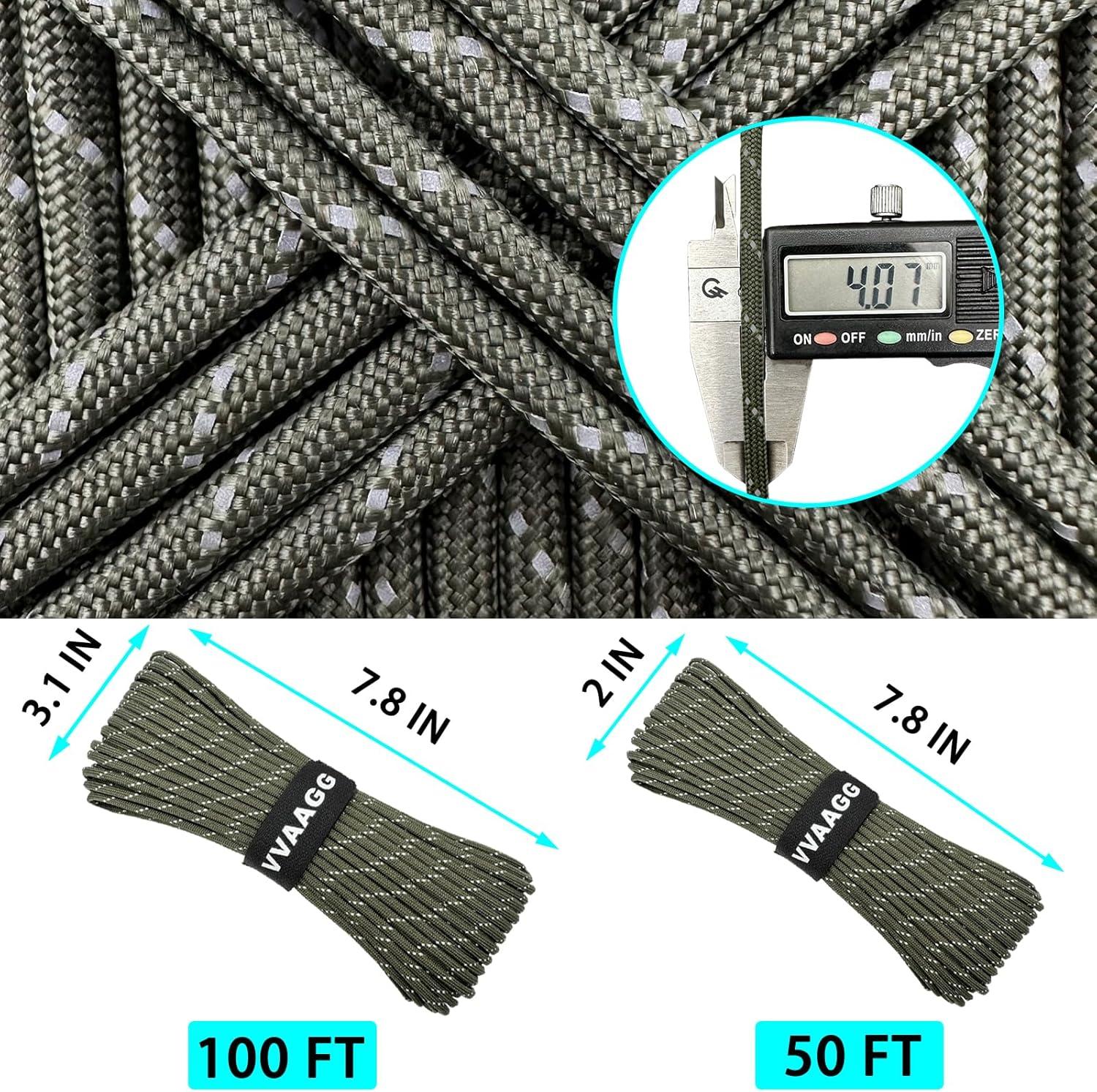 imageVVAAGG Reflective Paracord Rope 100FT 7 Strand Nylon para Cord Lanyard Utility 550 Parachute Cord 4mm Thin Tent Rope for Outdoor Camping HikingGreen