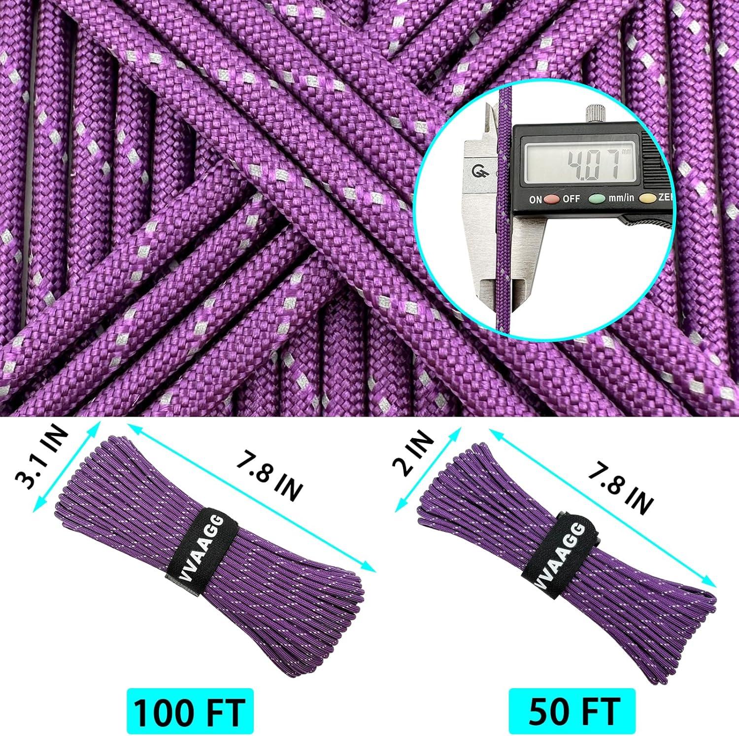 imageVVAAGG Reflective Paracord Rope 100FT 7 Strand Nylon para Cord Lanyard Utility 550 Parachute Cord 4mm Thin Tent Rope for Outdoor Camping HikingPurple