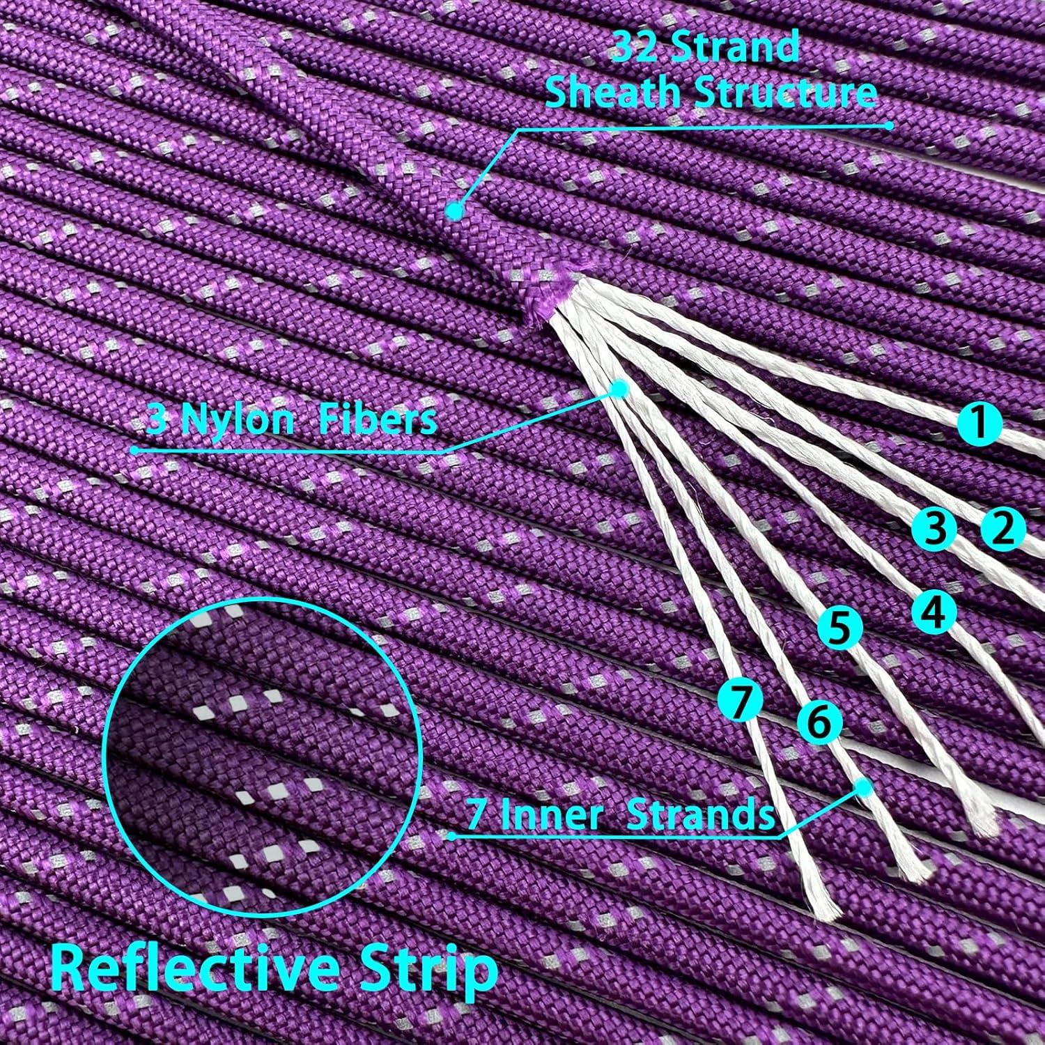 imageVVAAGG Reflective Paracord Rope 100FT 7 Strand Nylon para Cord Lanyard Utility 550 Parachute Cord 4mm Thin Tent Rope for Outdoor Camping HikingPurple
