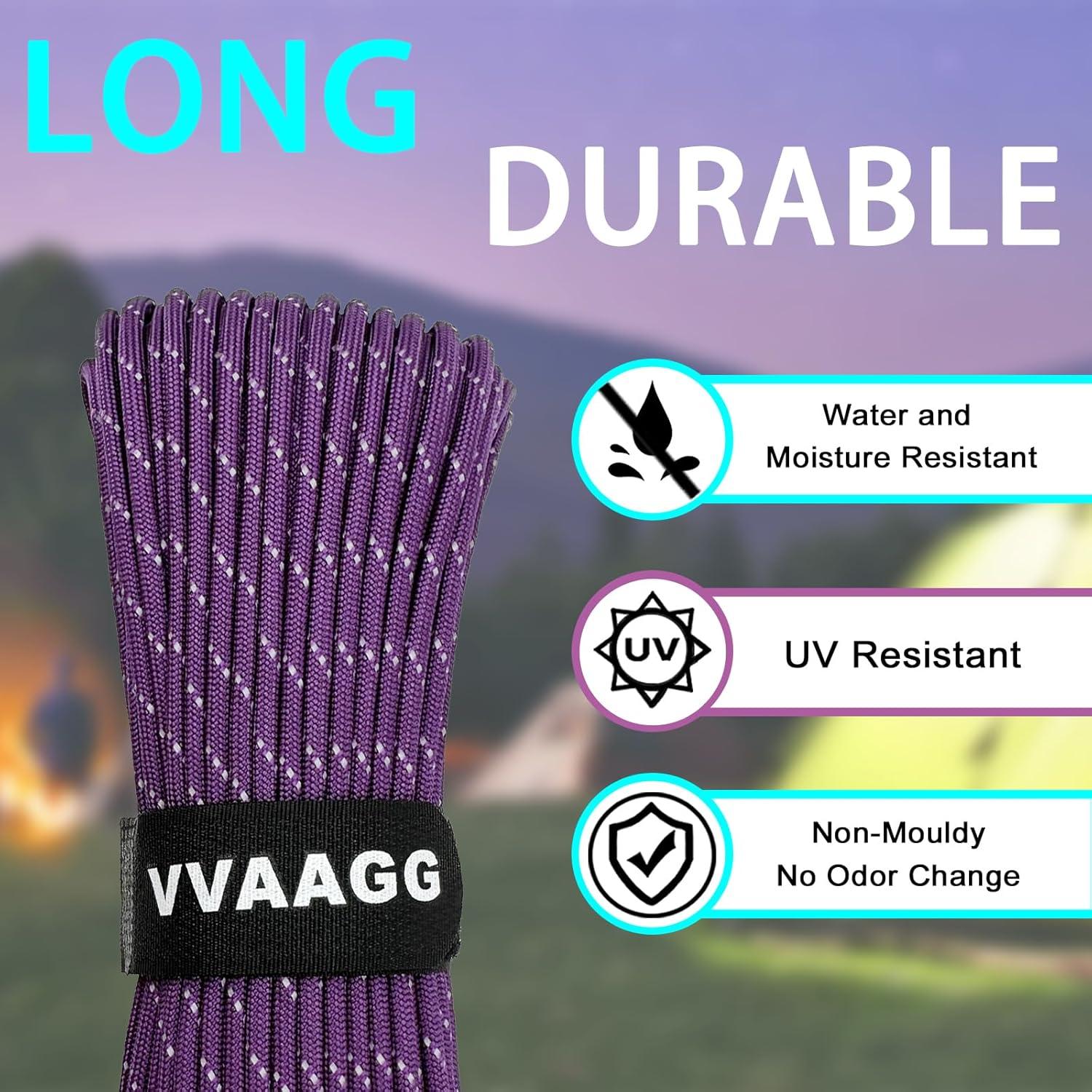 imageVVAAGG Reflective Paracord Rope 100FT 7 Strand Nylon para Cord Lanyard Utility 550 Parachute Cord 4mm Thin Tent Rope for Outdoor Camping HikingPurple