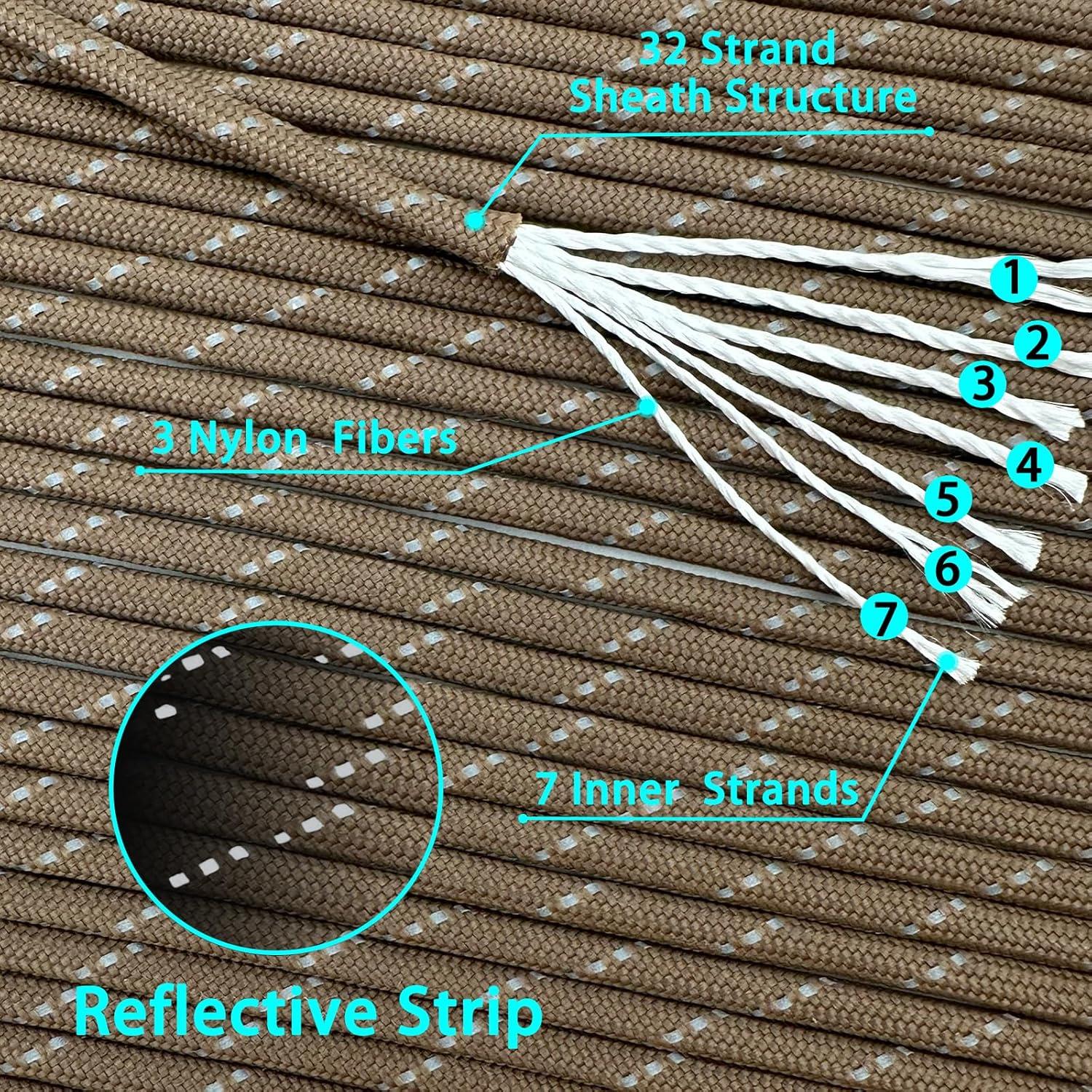 imageVVAAGG Reflective Paracord Rope 100FT 7 Strand Nylon para Cord Lanyard Utility 550 Parachute Cord 4mm Thin Tent Rope for Outdoor Camping HikingTan
