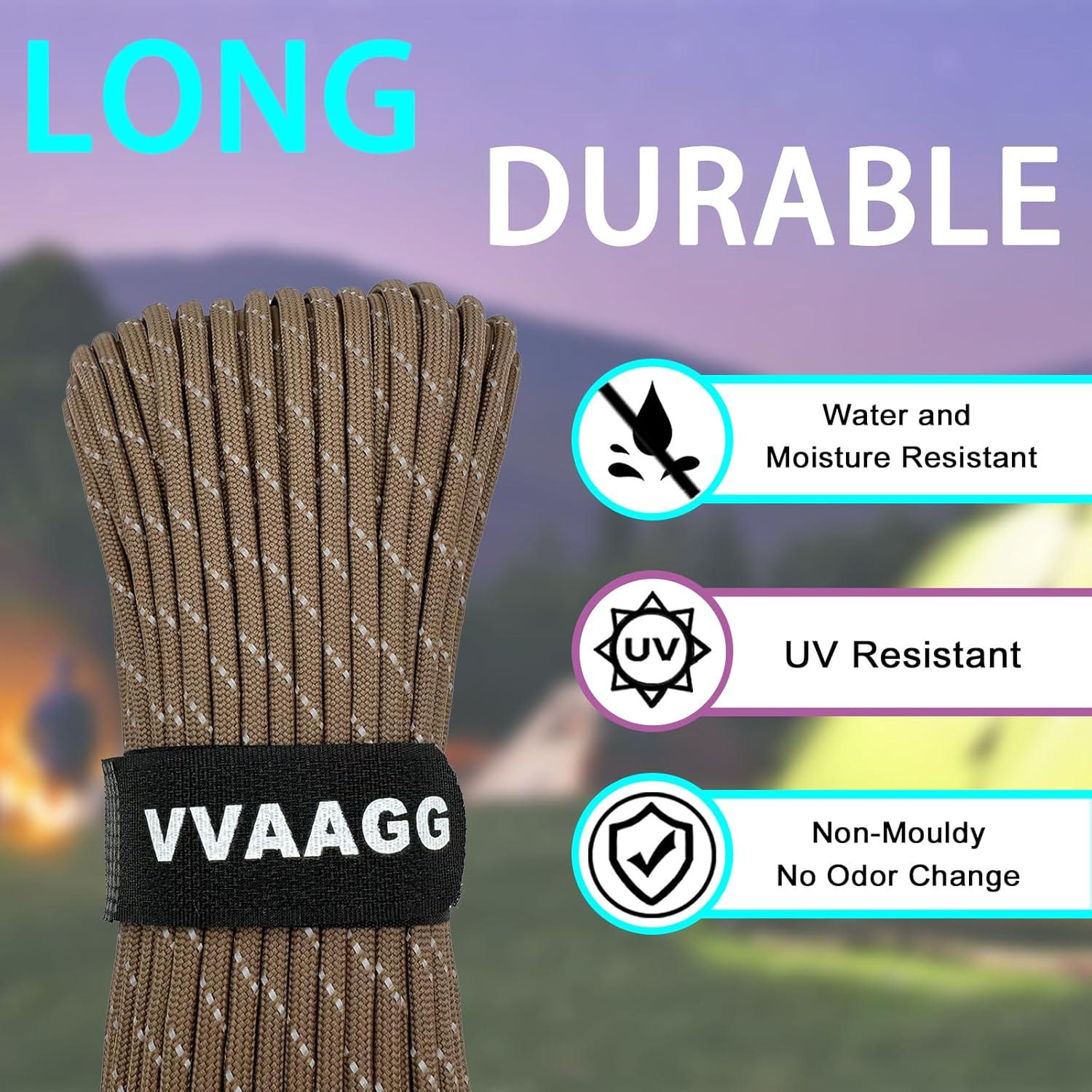 imageVVAAGG Reflective Paracord Rope 100FT 7 Strand Nylon para Cord Lanyard Utility 550 Parachute Cord 4mm Thin Tent Rope for Outdoor Camping HikingTan