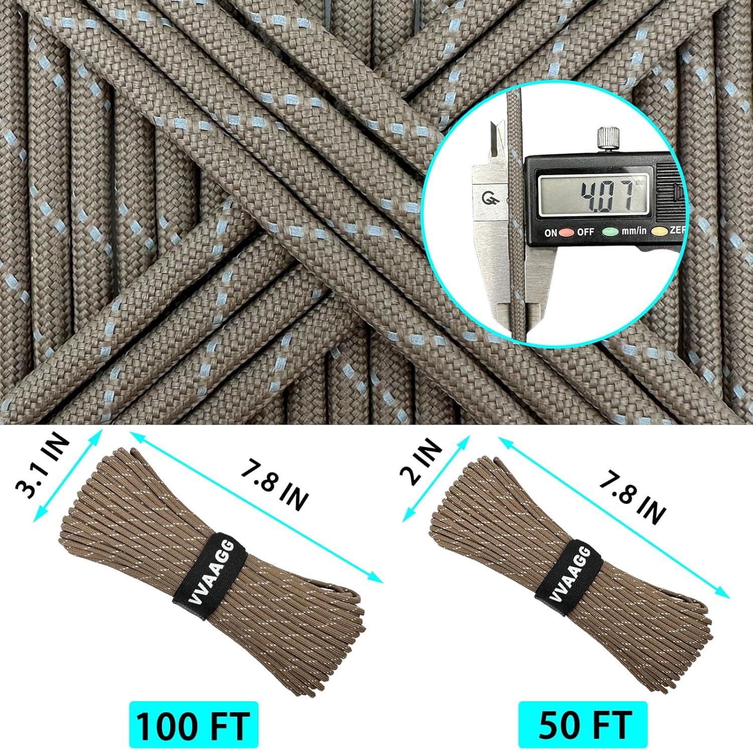 imageVVAAGG Reflective Paracord Rope 100FT 7 Strand Nylon para Cord Lanyard Utility 550 Parachute Cord 4mm Thin Tent Rope for Outdoor Camping HikingTan