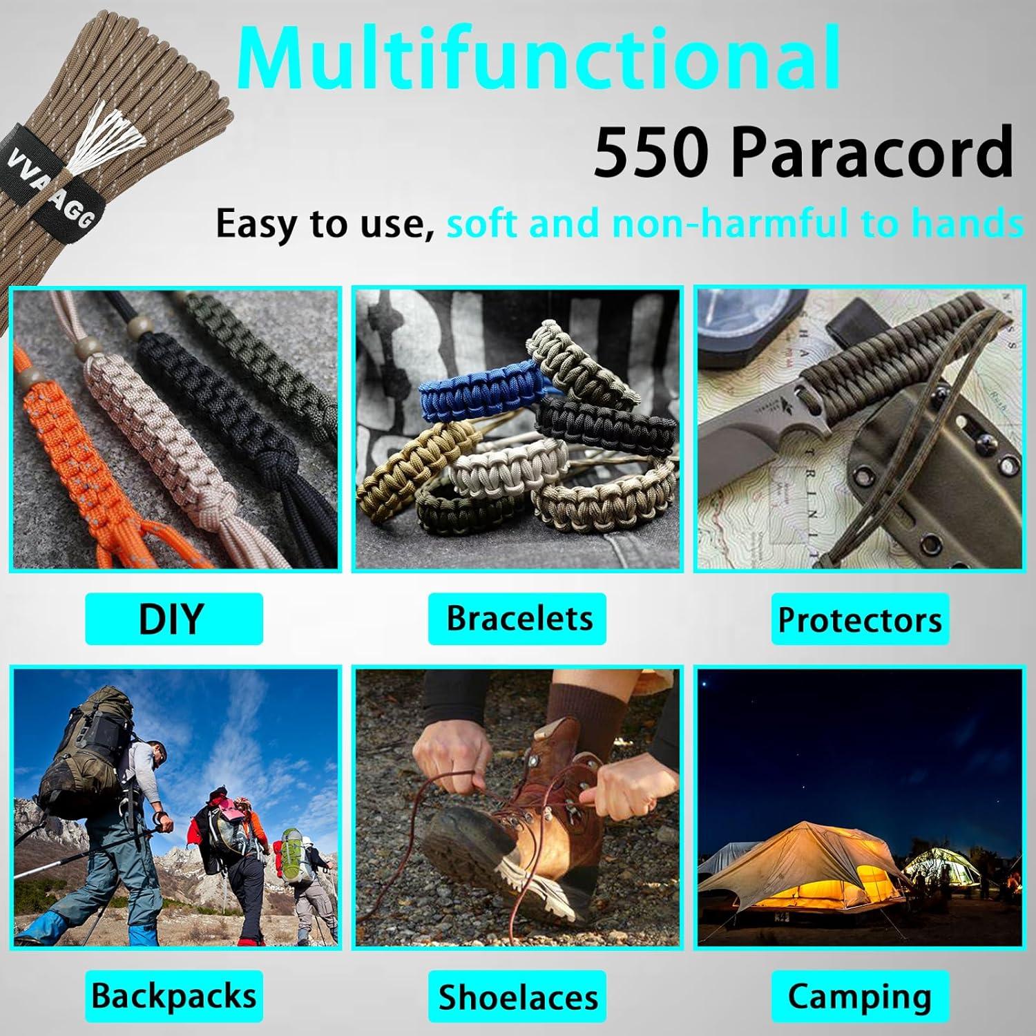 imageVVAAGG Reflective Paracord Rope 100FT 7 Strand Nylon para Cord Lanyard Utility 550 Parachute Cord 4mm Thin Tent Rope for Outdoor Camping HikingTan