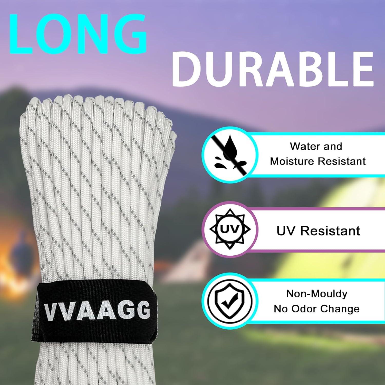 imageVVAAGG Reflective Paracord Rope 100FT 7 Strand Nylon para Cord Lanyard Utility 550 Parachute Cord 4mm Thin Tent Rope for Outdoor Camping HikingWhite