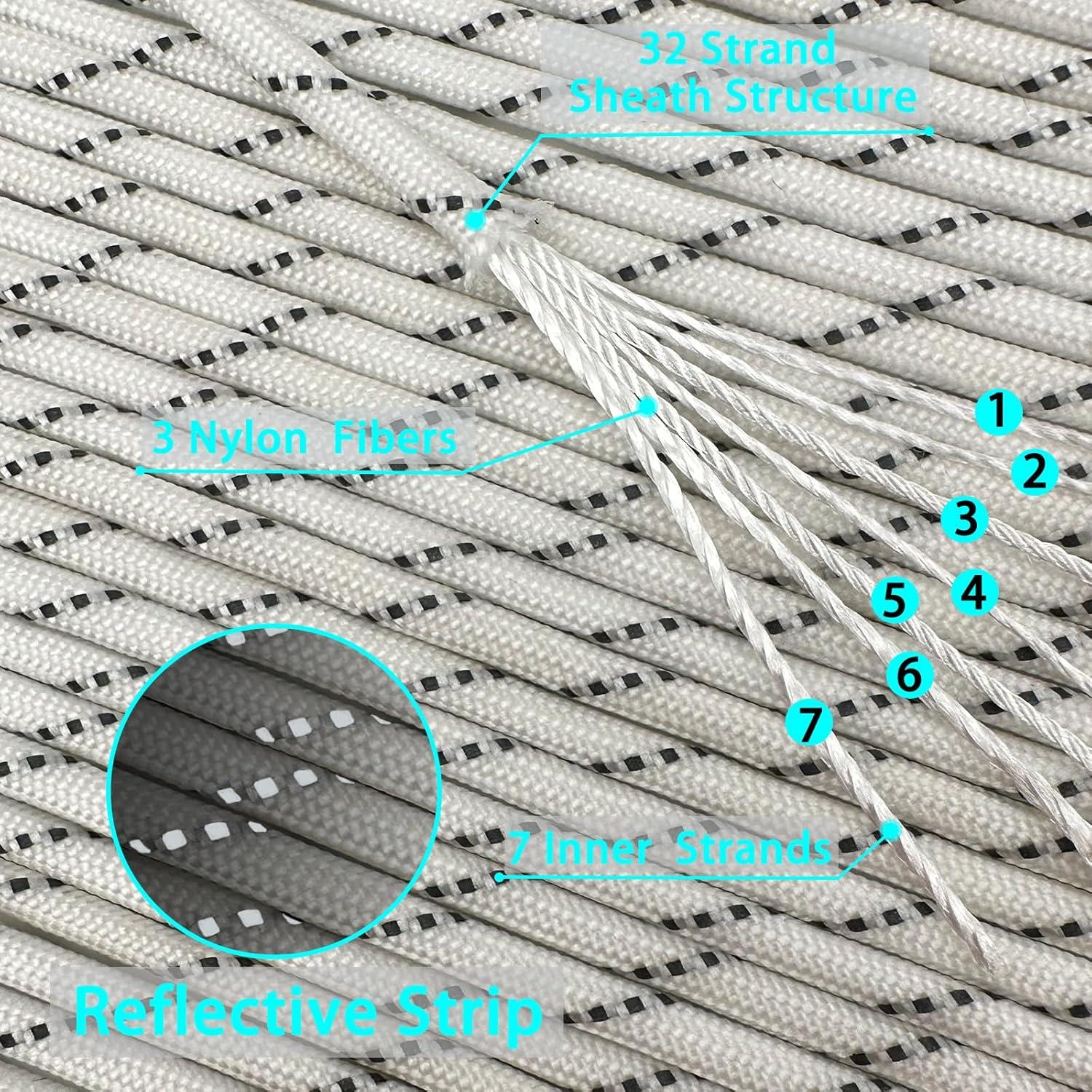 imageVVAAGG Reflective Paracord Rope 100FT 7 Strand Nylon para Cord Lanyard Utility 550 Parachute Cord 4mm Thin Tent Rope for Outdoor Camping HikingWhite