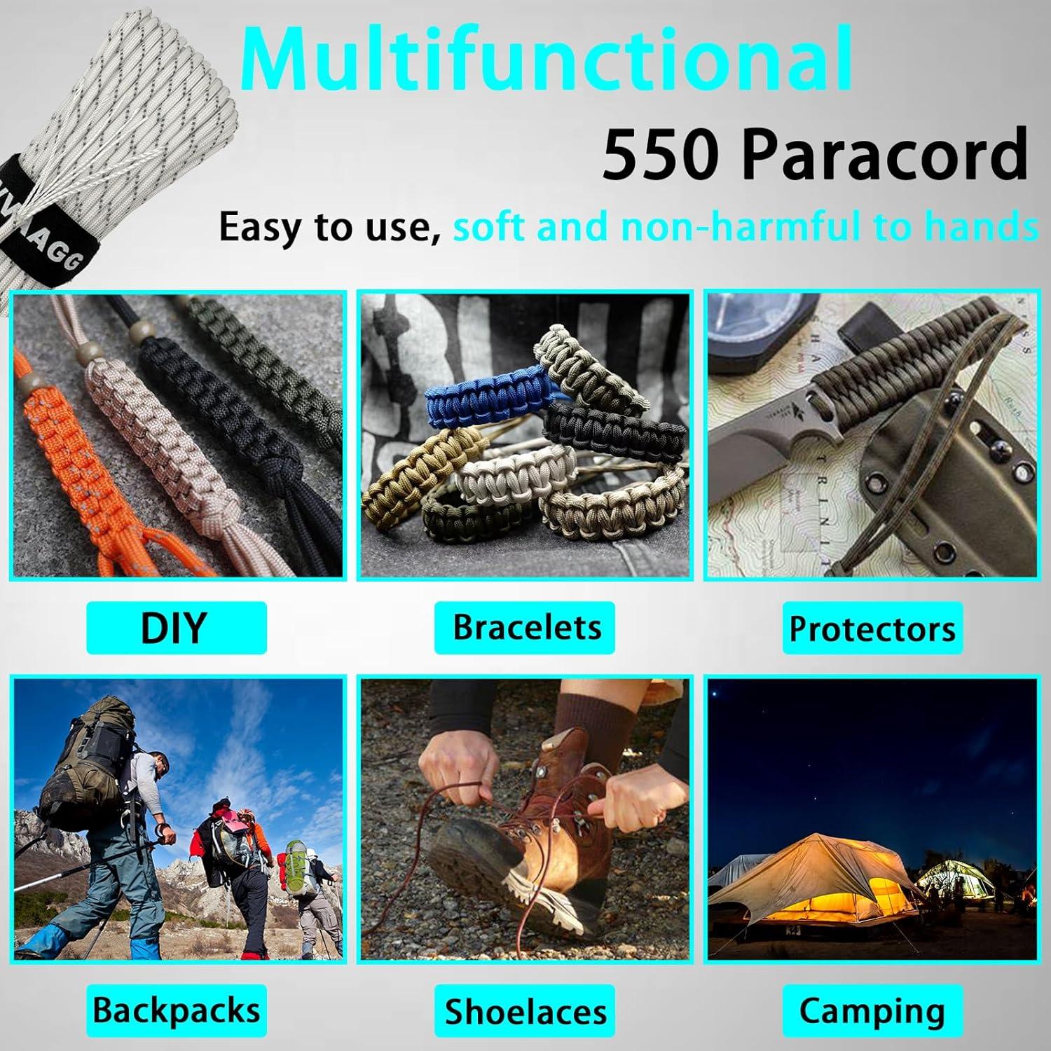 imageVVAAGG Reflective Paracord Rope 100FT 7 Strand Nylon para Cord Lanyard Utility 550 Parachute Cord 4mm Thin Tent Rope for Outdoor Camping HikingWhite