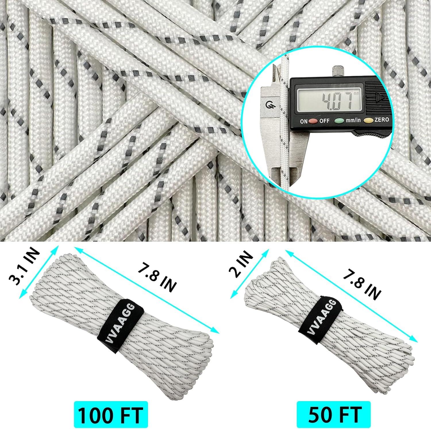 imageVVAAGG Reflective Paracord Rope 100FT 7 Strand Nylon para Cord Lanyard Utility 550 Parachute Cord 4mm Thin Tent Rope for Outdoor Camping HikingWhite