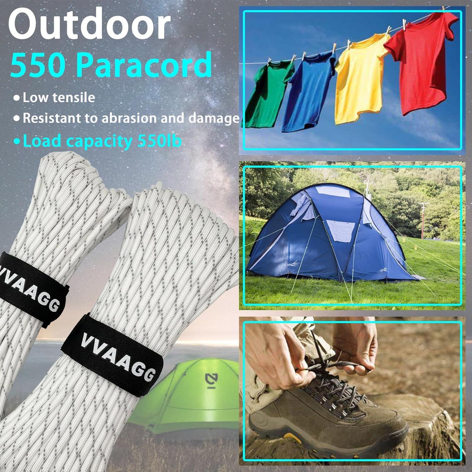 imageVVAAGG Reflective Paracord Rope 100FT 7 Strand Nylon para Cord Lanyard Utility 550 Parachute Cord 4mm Thin Tent Rope for Outdoor Camping HikingWhite