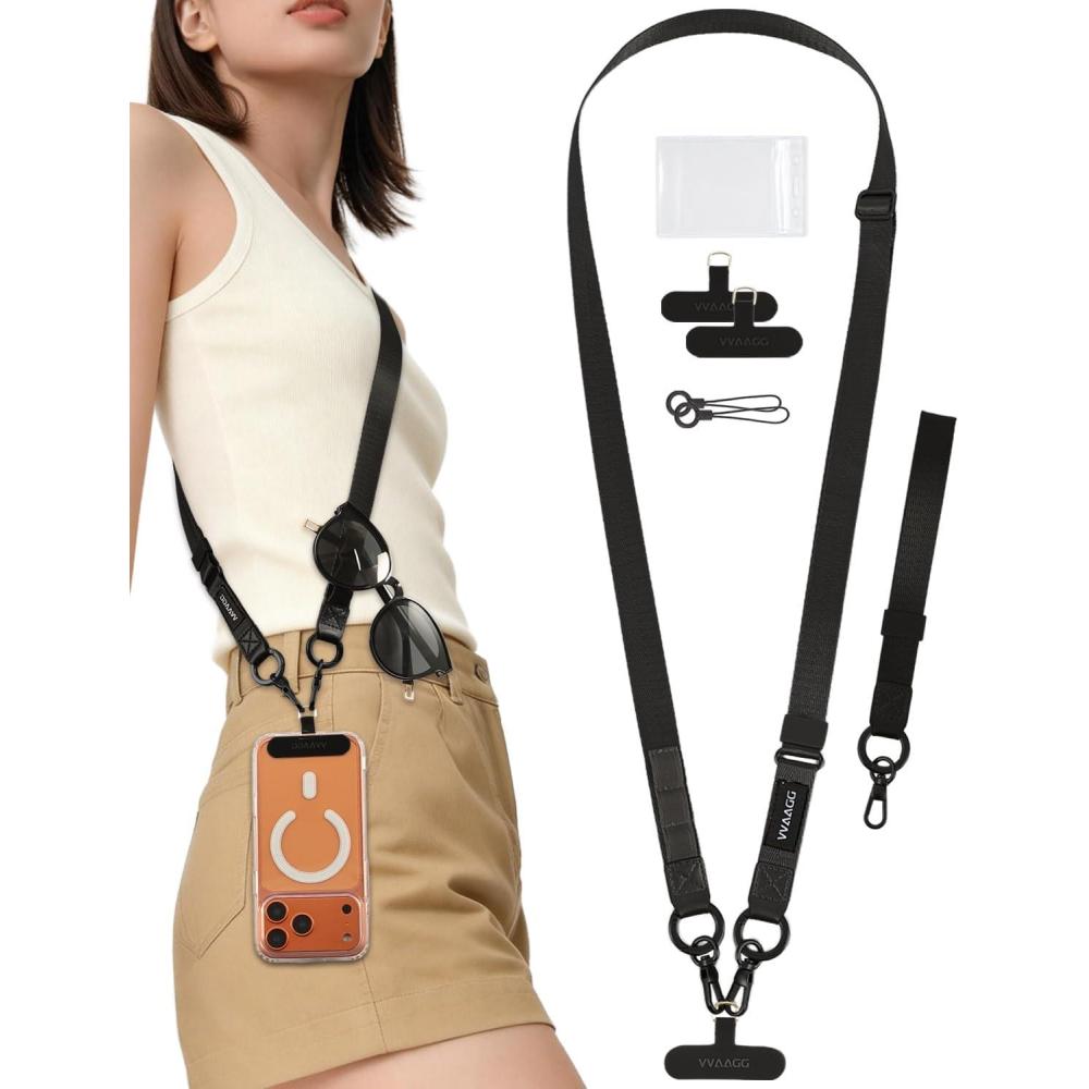 imageVVAAGG Cell Phone Lanyard for iPhone Adjustable Phone Strap Crossbody Neck and Wrist Strap AntiTheft Lanyard Travel Essential Compatible for iPhone Android SmartphonesBlack