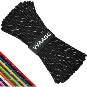 VVAAGG Reflective Paracord Rope 100FT, 7 Strand Nylon para Cord Lanyard Utility 550 Parachute Cord, 4mm Thin Tent Rope for Outdoor Camping Hiking(Black)