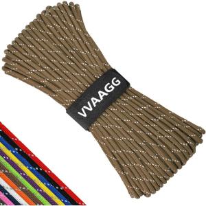 VVAAGG Reflective Paracord Rope 100FT, 7 Strand Nylon para Cord Lanyard Utility 550 Parachute Cord, 4mm Thin Tent Rope for Outdoor Camping Hiking(Tan)