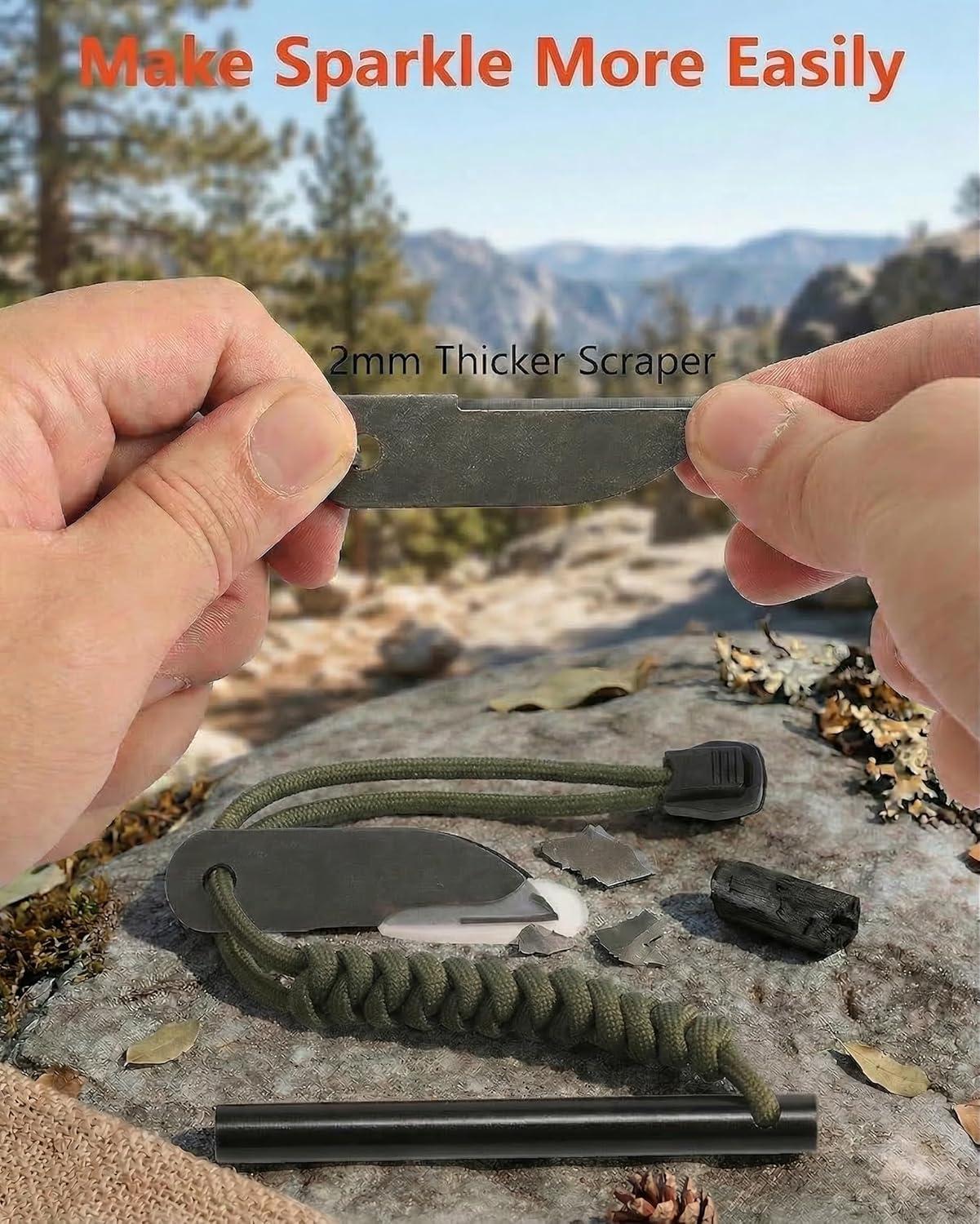 imageVVAAGG Flint Fire Starter Survival Kit Ferro Rod with Paracord Rope Striker and 12 Waterproof Fire Plugs Camping Essentials