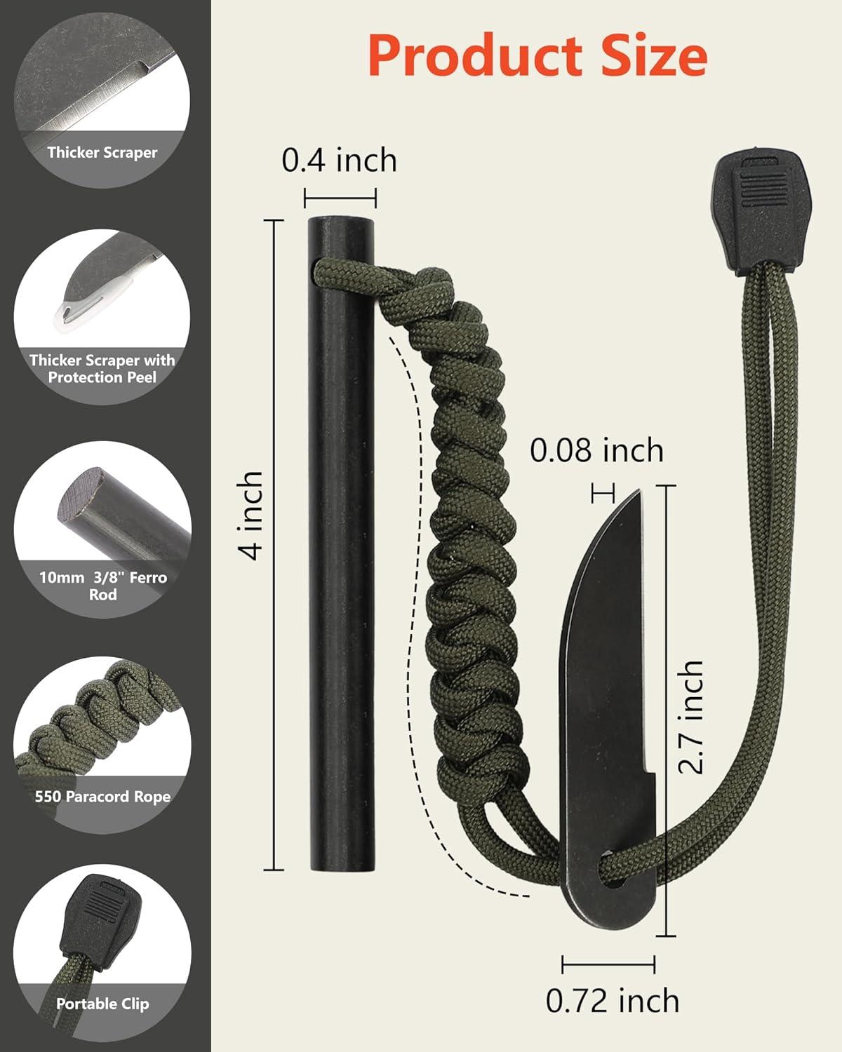 imageVVAAGG Flint Fire Starter Survival Kit Ferro Rod with Paracord Rope Striker and 12 Waterproof Fire Plugs Camping Essentials