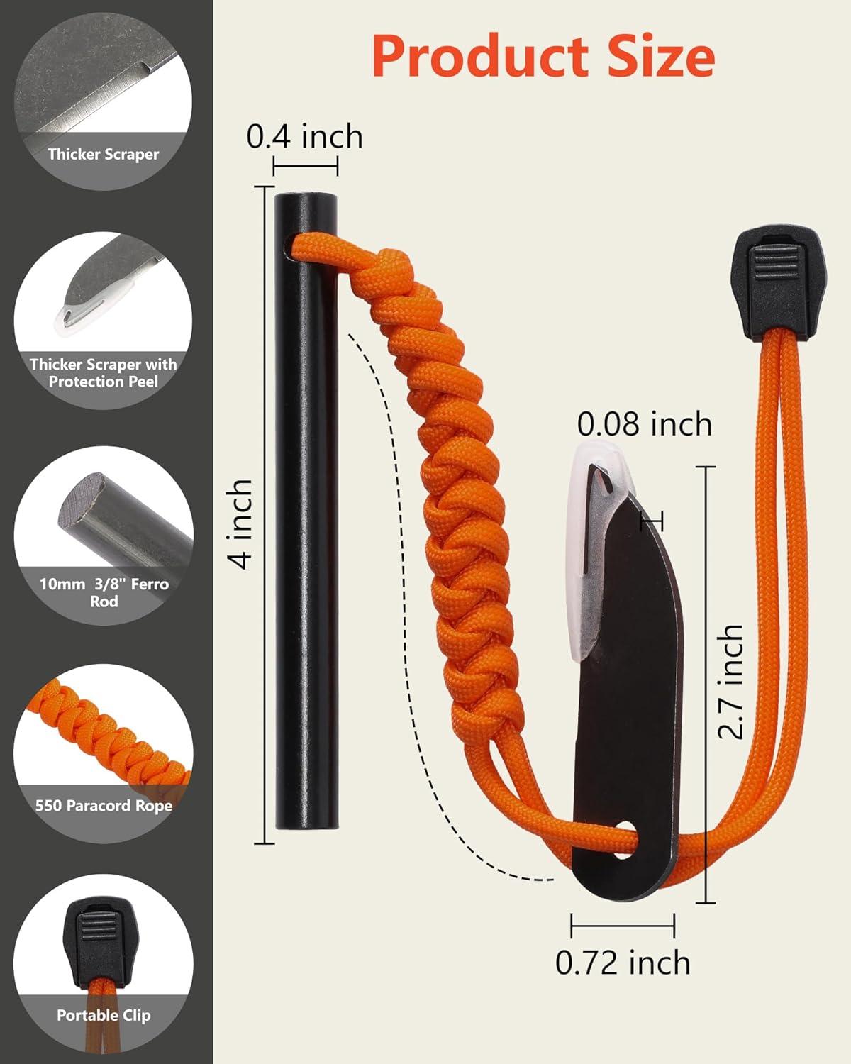imageVVAAGG Flint and Steel Fire Starter 4 Inch Ferro Rod Magnesium Rods Survival Tool with Paracord Handle Thicker Striker