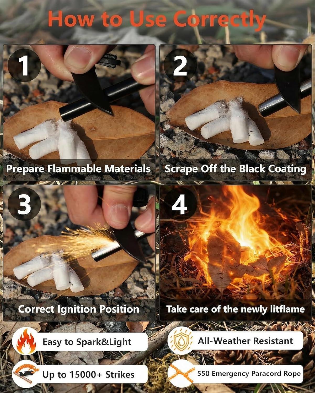 imageVVAAGG Flint and Steel Fire Starter 4 Inch Ferro Rod Magnesium Rods Survival Tool with Paracord Handle Thicker Striker