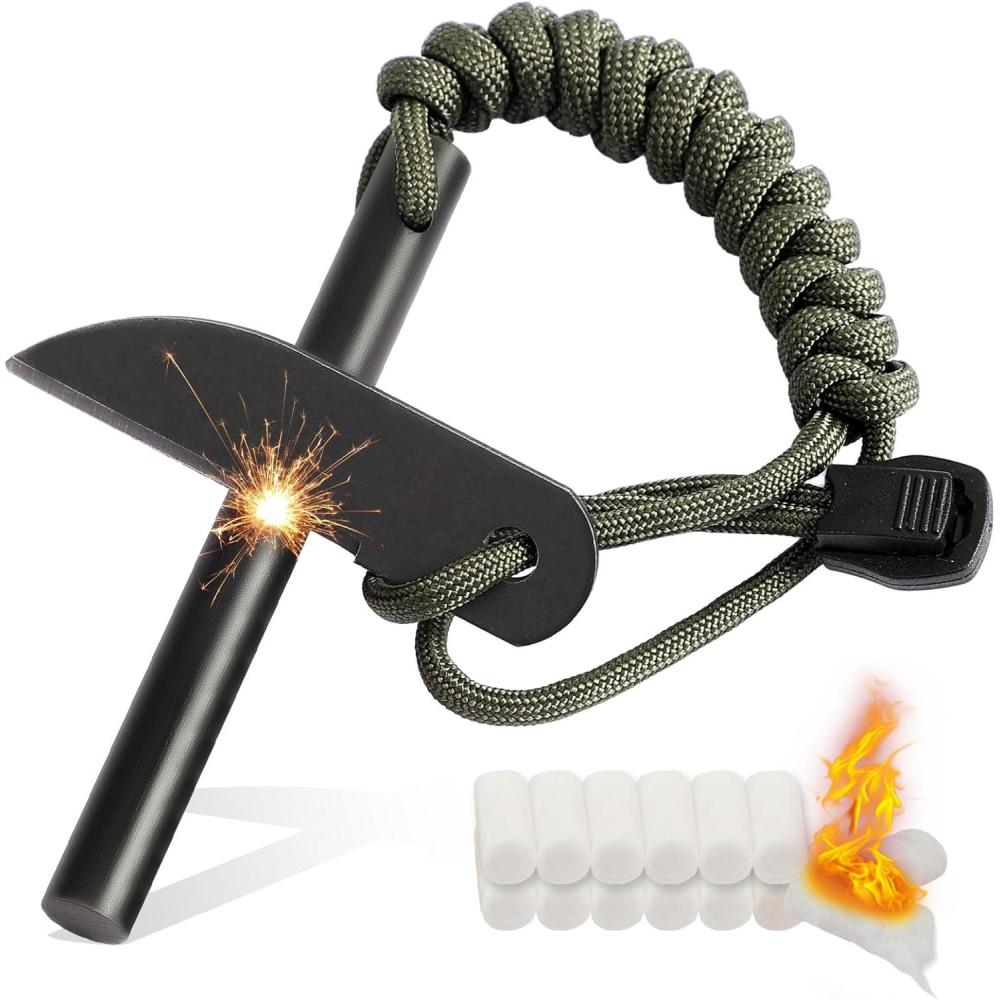 imageVVAAGG Flint Fire Starter Survival Kit Ferro Rod with Paracord Rope Striker and 12 Waterproof Fire Plugs Camping Essentials